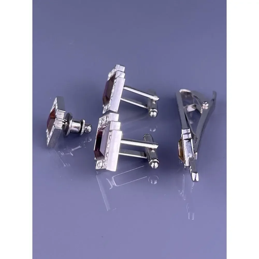 Square Purple White Rhinestone Cufflinks Tie Clip Pin Silver Tone Flashy Vintage